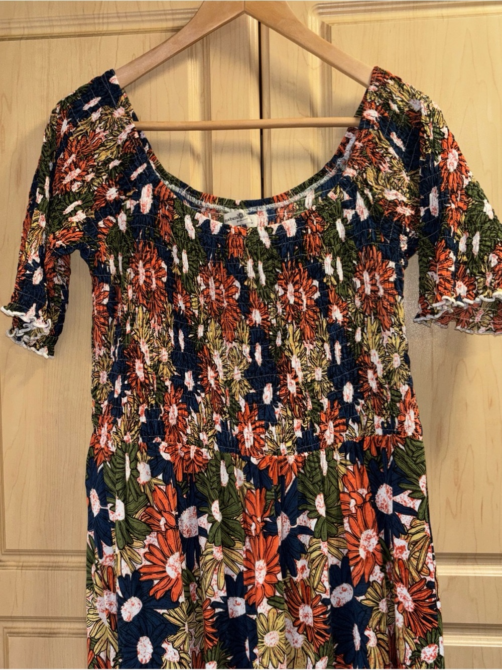 Natural Life Size L/XL “Daisy” Multi Color Floral Smocked Tiered Boho Midi Dress